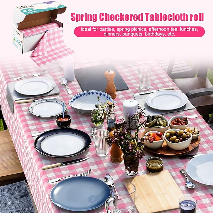 Kochorie 54 Inch x 300 Ft Light Pink Checkered Plastic Table Cloth Roll Disposable Waterproof Table Cover Plastic Table Cover Roll with Easy Slide Cutter for Outdoor Picnic/Home Dining/Spring Party