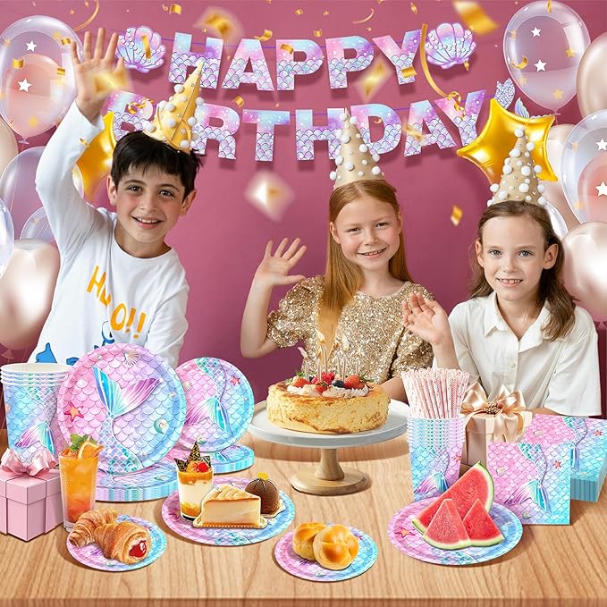 146Pcs Mermaid Plates and Napkins mermaid Party Supplies Includes Plates, Napkin, Fork, Cup, Straw, Tablecloth, Banner for Baby Shower Ocean Birthday Party Decorations, Serves 24 (Mermaid)