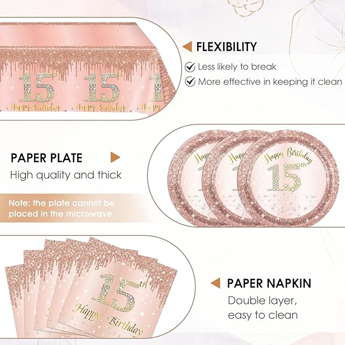 15th Birthday Decorations for Girls,Rose Gold 15 Year Old Birthday Party Supplies Include 15th Birthday Party Plates and Napkins,Tablecloth Kit,15 Birthday Tableware Set for Girls Teen Party Decor