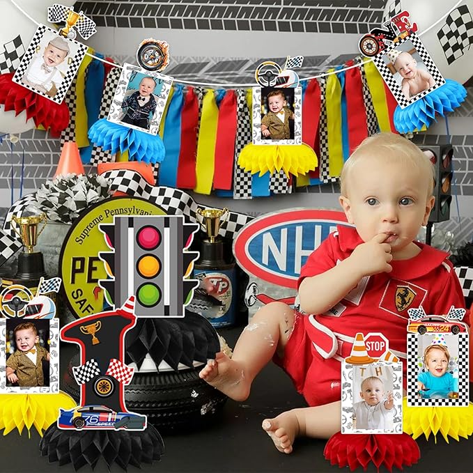 Race Car 1st Birthday Party Supplies, Fast One Birthday Decorations Honeycomb Centerpiece for Table, Race Car One Year Old Birthday Party Decorations Boys Photo Table Centerpiece Party Supplies