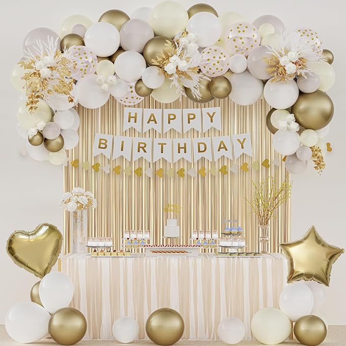 White and Gold Birthday Decorations for Women, Happy Birthday Party Decorations, Happy Birthday Banner, Gold White Sand Ivory Balloons, Tissue Paper Pompoms, Heart Garland, Party Decor for Girls