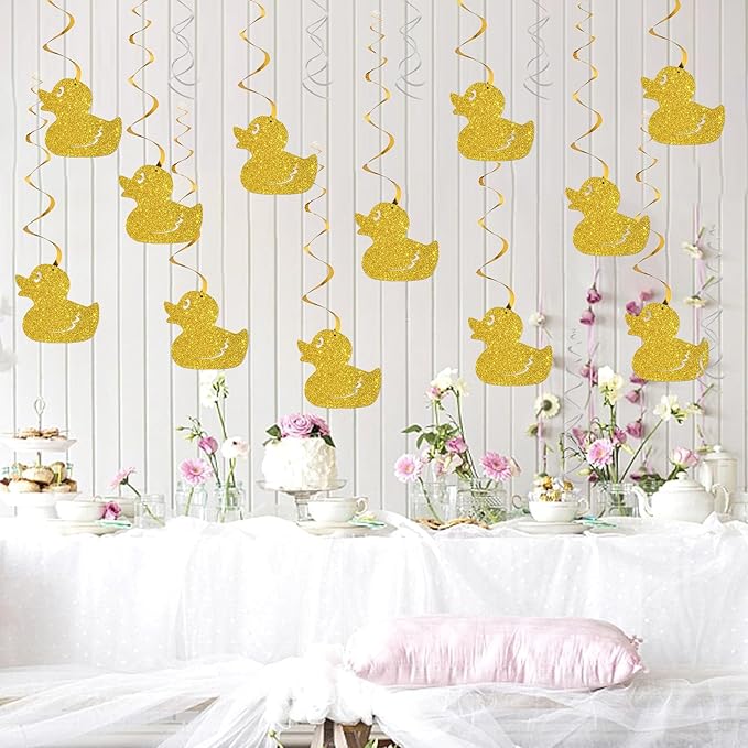 Duck Hanging Swirls, Farm Themed Party Swirls Supplies, Kids Birthday Baby Shower Yellow Duck Party Foil Ceiling Decoration Supplies 18 PCS Gold Glitter
