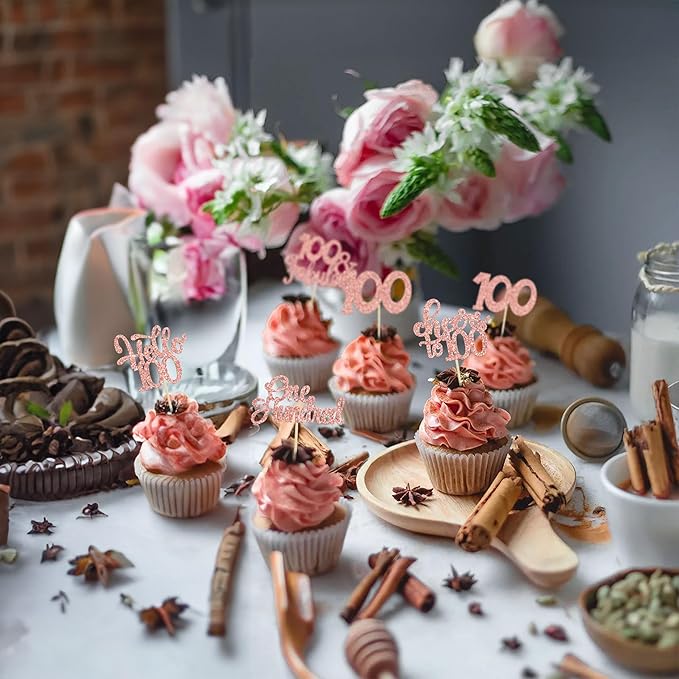 30pcs Happy 100th Birthday Cupcake Toppers - Rose Gold Glitter One Hundred Cheers to 100 Years Old Cupcake Picks for Anniversary Party Cake Decorations