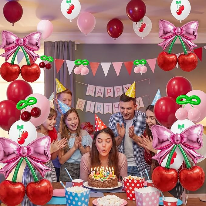 Bonropin 76pcs Pink Bow Red Cherry Balloons with Red Pink Cheery Print Balloon for She's The Cherry On Top Party Foil Balloon Berry First Birthday Decorations Baby Shower Bridal Wedding Party Supplies