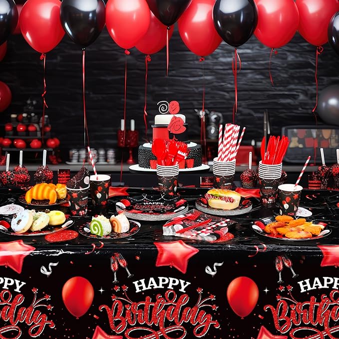 Norme 176 Pcs Black and Red Birthday Tableware Set Birthday Decoration Includes Tablecloth Paper Plates Napkins Paper Cups Forks Knifes and Straws for 25 Guests Party Supplies (Vibrant)