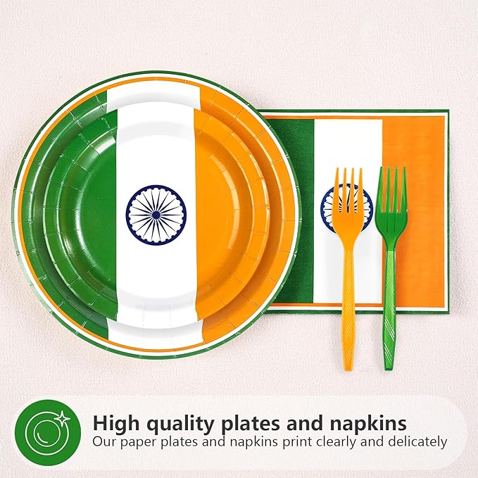 96 Pcs India Flag Party Decorations Disposable Indian Flag Paper Plates and Napkins India Independence Day Tableware Set for 15th August Country Decoration Patriotic Events Party Supplies, Serves 24