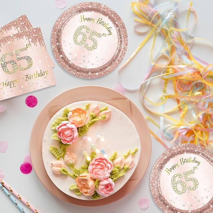 65th Birthday Decorations for Women Rose Gold 65th Birthday Party Paper Plates and Napkins 65 Years Old Table Decorations Happy Sixty-five Years Old Tableware for Woman Vintage 1961 65 Years Party