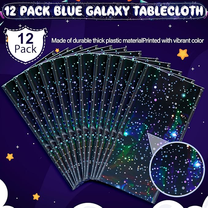 12Pcs Iridescent Space Tablecloths, Disposable Plastic Blue Galaxy Table Cloth Rectangle Table Covers for Space Starry Night Star Theme Party Birthday Party Decorations, 54x108 Inch