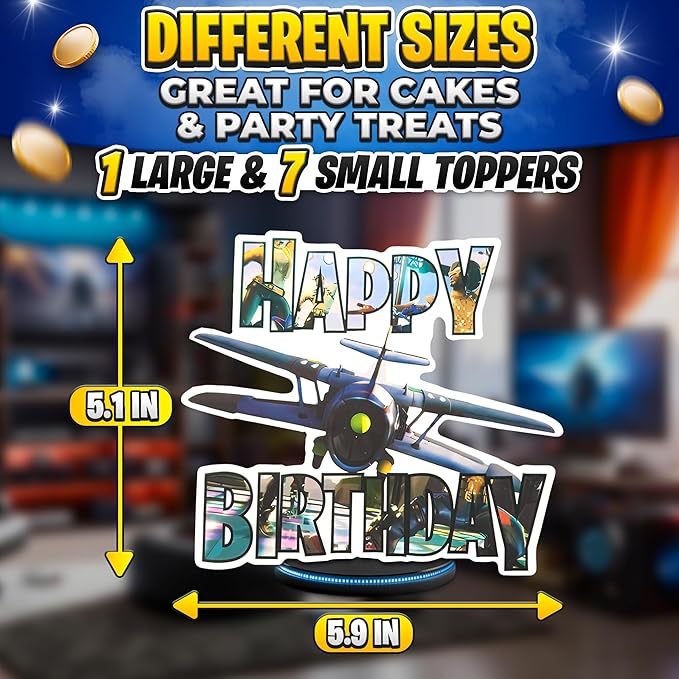 Video Game Cake Topper with 7 Action Figures & Large Logo - Sturdy Cardboard Cake Decorations, Easy Adjustment & Firm Installation - Creative Happy Birthday Cupcake Toppers for Boys & Girls