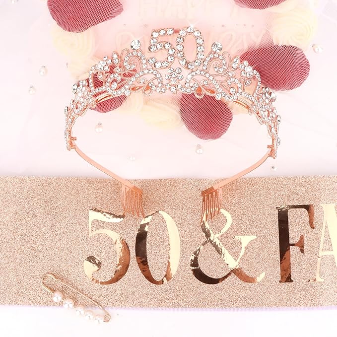 Semato 50th Birthday Decorations for Women Sash and Crown Tiara Kit Rose Gold 50th Birthday Gifts Her Party Supplies