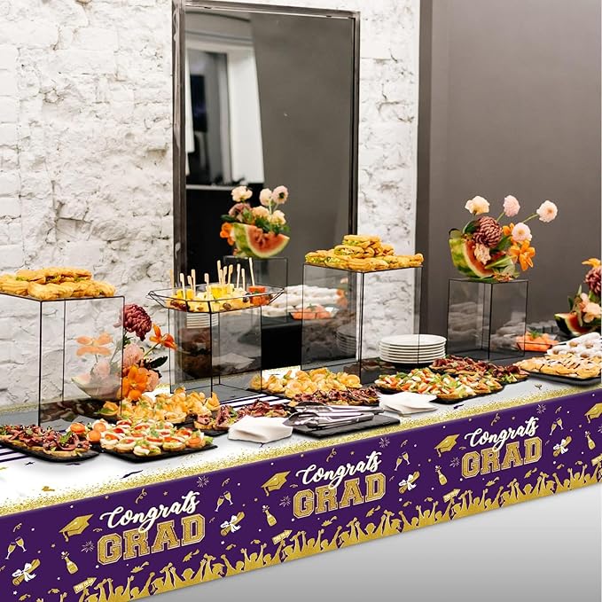 chiazllta Set of 3 Graduation Tablecloths Class of 2025 Congrats Grad Purple Graduation Party Tablecover Decorations Party Supplies Large Size Plastic 54"x108"(Purple & Gold)