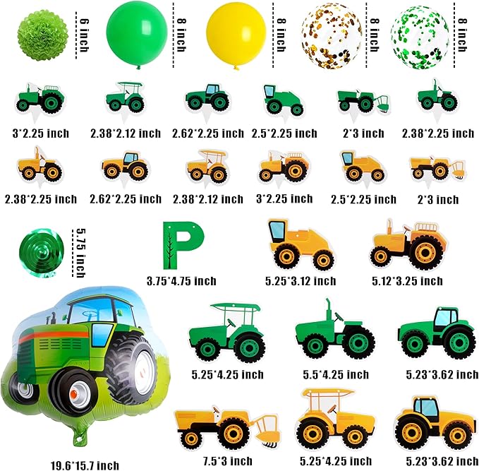 76PCS Green Tractor Themed Party Supplies with Tractor Banner Balloons Garland, Hanging Swirl and Cupcake Toppers for Farm Tractor Decorations As Themed Party Favors