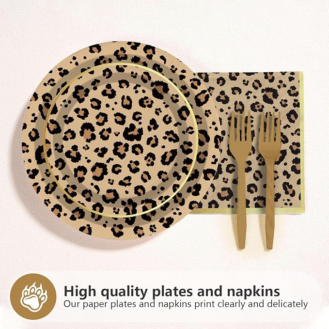 Grencian 96 Pcs Cheetah Print Birthday Decorations Leopard Print Party Supplies Brown Leopard Plates and Napkins Safari Themed Paper Plates for Birthday Jungle Safari Cheetah Theme Party Serves 24