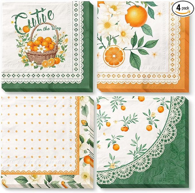Little Cutie Baby Shower Party Supplies, 24 PCS Little Cutie Napkins Green Orange Fruit Theme Paper Napkins for Citrus Birthday Party Baby Shower Spring Summer Christmas Dinner Decoration
