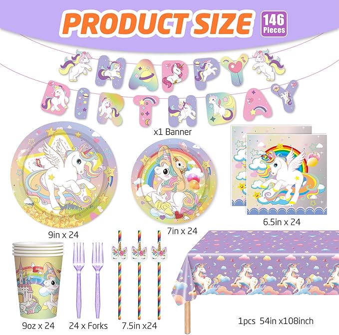 146Pcs Unicorn Plates and Napkins Party Supplies Includes Plates, Napkin, Fork, Cup, Straw, Tablecloth, Banner for Unicorn Baby Shower Birthday Party Decorations, Serves 24