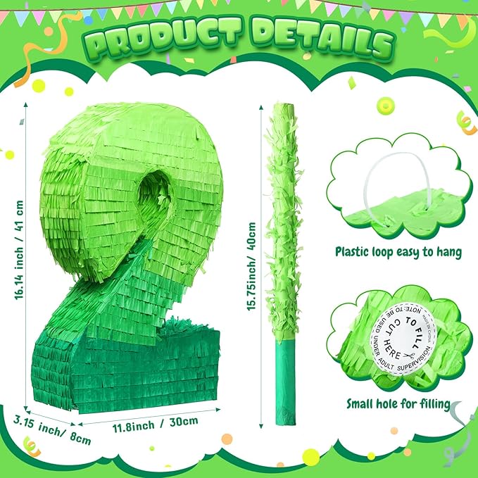 Number Piñata Decorations 16 Inch Gradient Green Piñata with Blindfold Stick and Confetti for Birthday Baby Shower Safari Jungle Themed Party Supplies Centerpiece(Number 2)