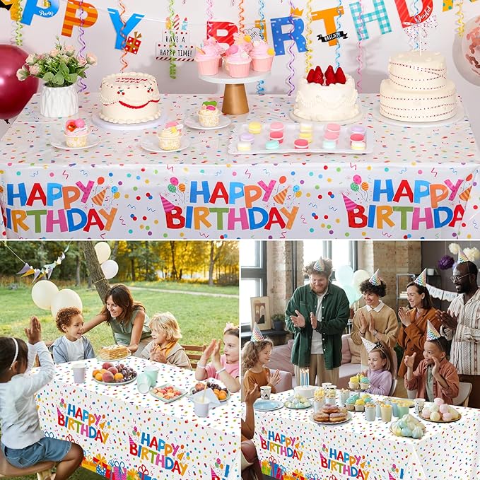 6 Pack Plastic Birthday Tablecloth, 54 x 108 Inch Disposable PE Happy Birthday Party Tablecloths Waterproof Rectangle Party Table Cover for Birthdays Parties Decor