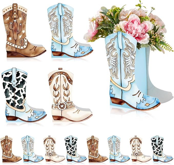 12 Set Western Boots Flower Boxes Centerpiece Boot Shape Gift Boxes Party Decoration Vase Centerpieces for Tables Boots Rodeo Birthday Baby Shower Supplies(Western Blue,Cow)