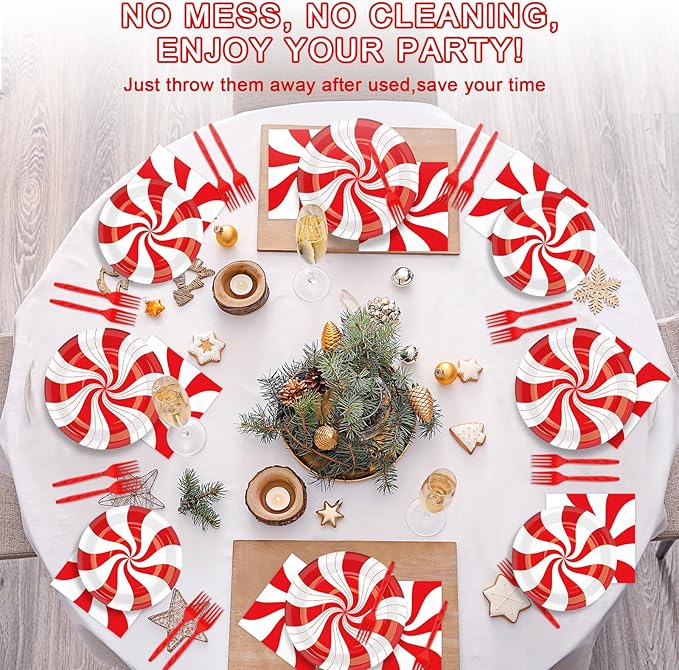50 Guests Christmas Candy Cane Plates and Napkins Party Supplies Peppermint Party Decorations Disposable Tableware Set Red and White Striped Dinnerware Favor for Holiday Xmas Theme Party, 200PCS