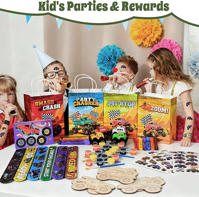 96pcs Truck Party Favors, Car Themed Birthday Party Supplies Including Truck Toys Slap Bracelets Bubble Wands DIY Stickers Painting Kits, Birthday Decorations Classroom Rewards for Kids