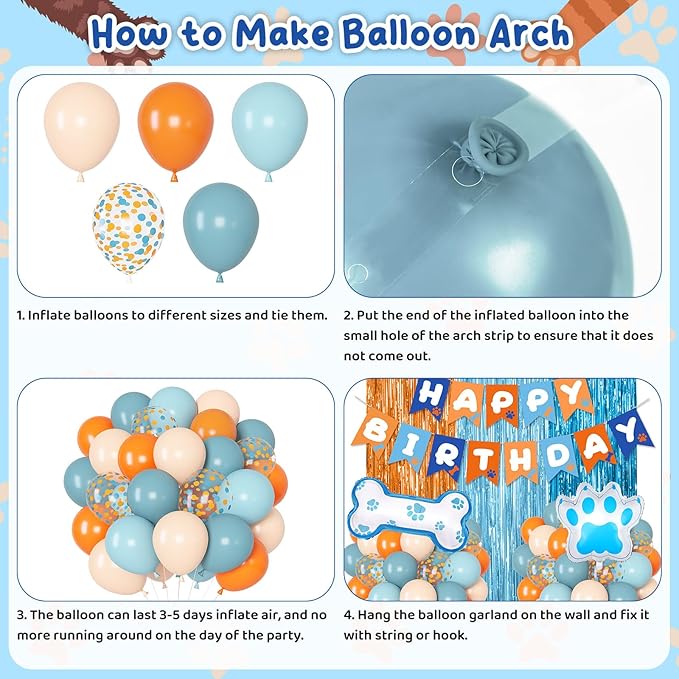 Ouddy Life Blue and Orange Party Decorations, Dusty Pastel Blue Boy Birthday Supplies Confetti Balloons Banner Dog Paw Bone Foil Paper Pompoms Fringe Curtain for Girls Kids Baby Shower Boho Decor
