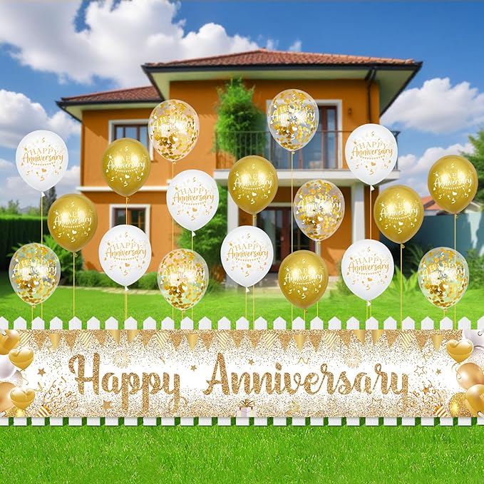 Happy Anniversary Decorations Banner with Balloons Set - Large Gold and White Backdrop Background Sign and Confetti Latex Balloons Kit for Wedding Anniversary Party Supplies, Indoor Outdoor Yard Decor