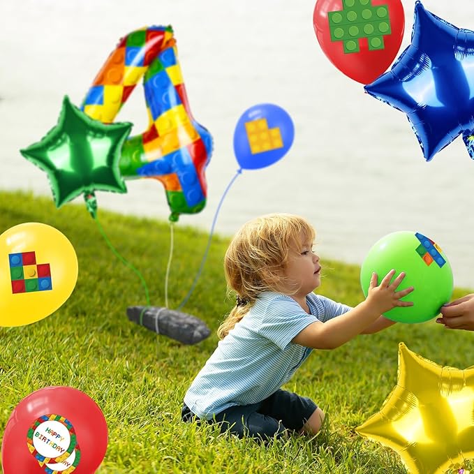 40 Inch Building Block Number Balloon, Colorful Number Block Foil Balloons Large Big Numbers Helium Balloon for Girls Boys 4th Birthday Brick Theme Party Decorations (Number 4)