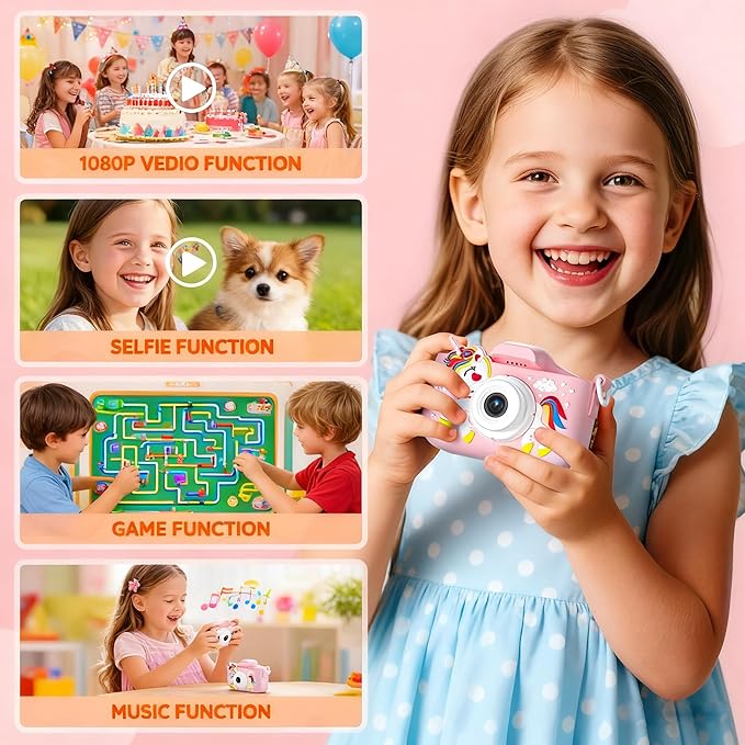 Kids Digital Camera Toy for Boys and Girls Aged 3-12, Unicorn 1080P Children's Camera, Christmas Birthday Gift, Toddler Digital Video Camera for Girls with 32GB SD Card/Reader (Pink)
