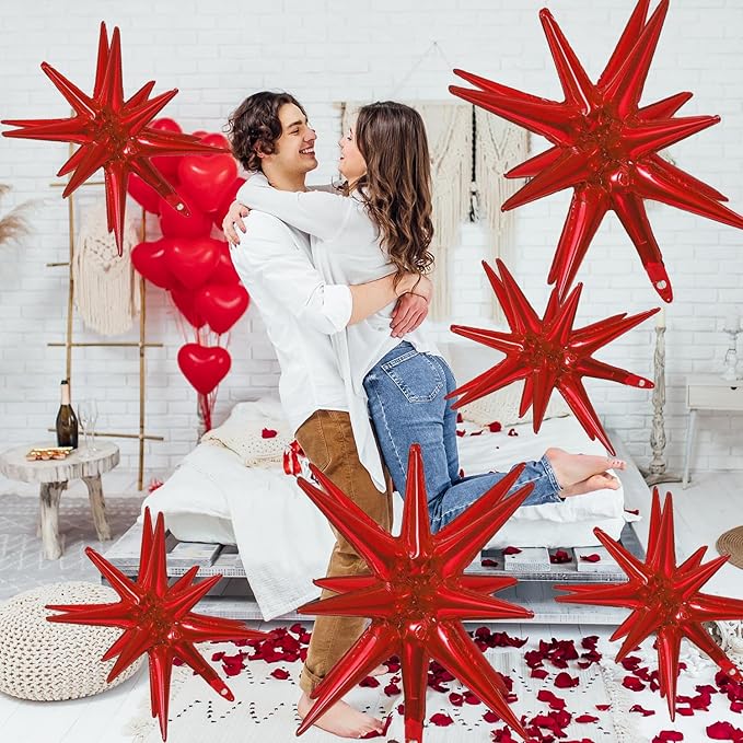 6 Pcs Red Star Foil Balloons One-Piece 14-Pointed Star Balloon 4D Starburst Cone Mylar Balloons 22inch Christmas Birthday Wedding Wedding Anniversary Party Supplies (22&27 Inches Red)