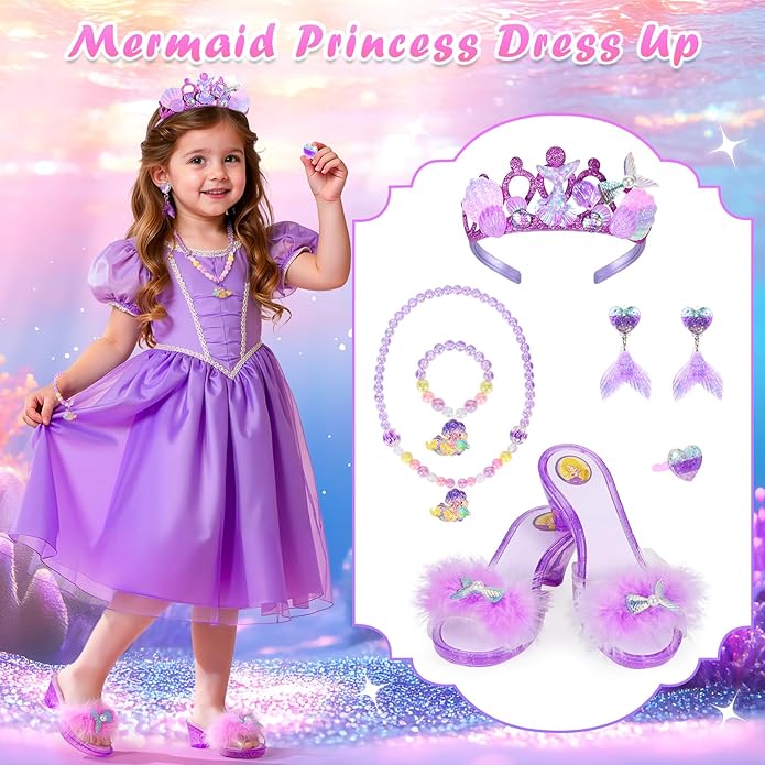 Princess Dress Up Shoes, Toddler Dress up Set, Pretend Play Princess Shoes Set with Crown Earrings Necklaces Ring Role Play Toys for Girls Aged 3-6 Years Old Multicolor