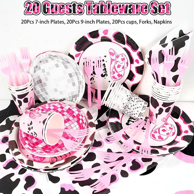 185Pcs Cowgirl Birthday Party Decorations Supplies - Includes 20 Guests Tableware Set and Birthday Banner Backdrop Foil Balloons Stand Cake Toppers for Western Disco Cowgirl Party Decor