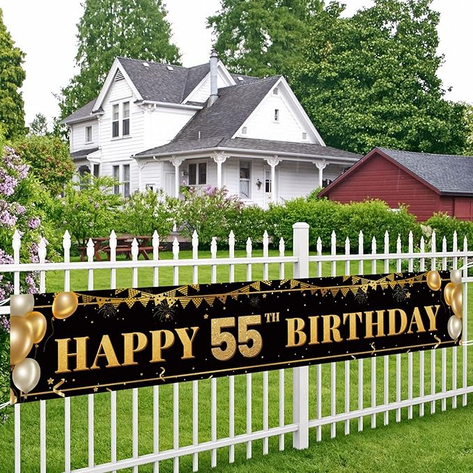 Large Happy 55th Birthday Decoration Banner, Black and Gold Happy 55th Birthday Banner Sign, 55th Birthday Party Decorations Supplies(9.8x1.6ft)