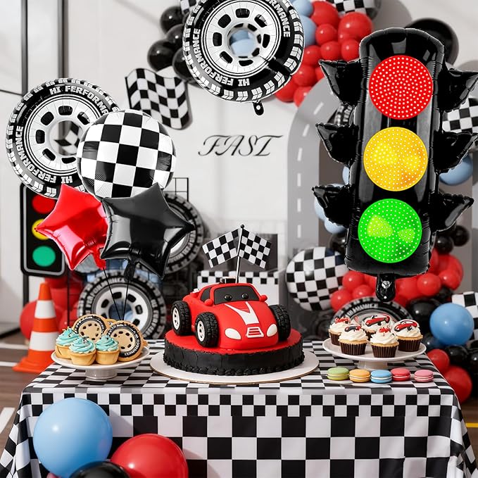 Race Car Party Balloon Set 7pcs Traffic Light, Checkered Balloons, Tire Wheel Balloons Tyre Racing Balloon Race Car Birthday Party Decorations