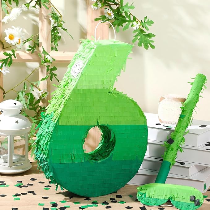 Number Piñata Decorations 16 Inch Gradient Green Piñata with Blindfold Stick and Confetti for Birthday Baby Shower Safari Jungle Themed Party Supplies Centerpiece(Number 6)