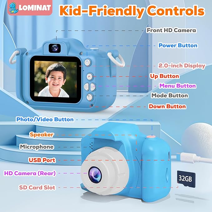 Kids Camera for 3, 4, 5, 6, 7, 8, 9 Year Old Boys Girls – 1080P HD Kids Video Camera, Dinosaur Christmas Birthday Gifts Dual Lens Digital Camera with Games, Toys for Toddlers - 32GB SD Card