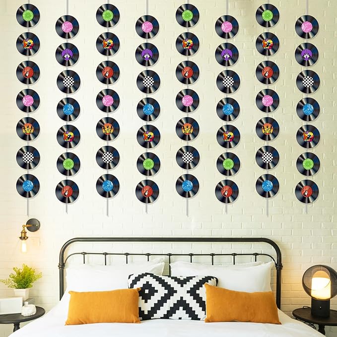 12 PCS Vinyl Records Banners 50's Party Decorations Music Record Hanging Swirl 1950's Party Garland Kit Vinyl Retro Party Supplies Streamer Cutouts for 50s 70s 90s Theme Door Home Party Favor