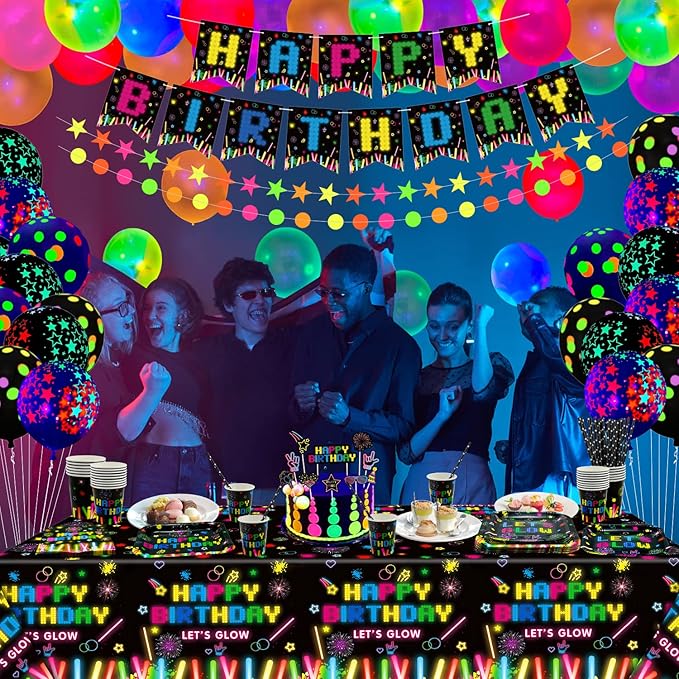 241 PCS Glow Neon Party Supplies Neon Glow Tableware Set Neon Balloon Glow in the Dark Birthday Banner Hanging Star Cake Toppers for Blacklight Party Decoration Serves 20 (Glow Set A)