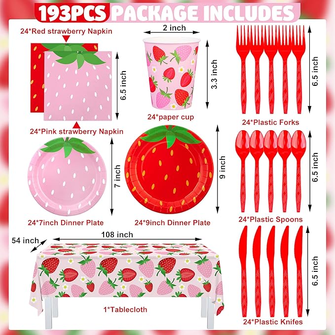 Augisteen Strawberry Party Tableware Set Strawberry Theme Paper Plates Napkins Cups Strawberries Plastic Tablecloth Disposable Strawberries Party Supplies for Birthday Baby Shower, Pink