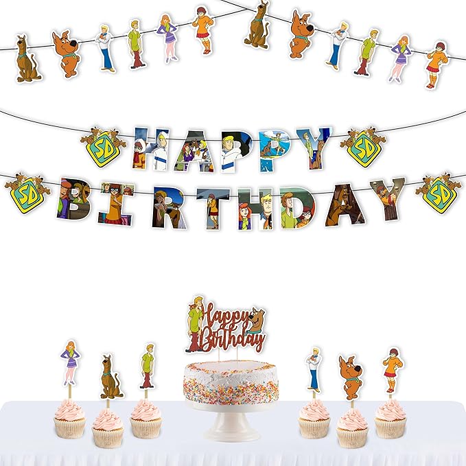Scoby Do Theme Birthday Party Supplies – Complete Decoration Set with Banner, Cake Topper, Cupcake Toppers, and Table Decor – Mystery Dog Cartoon Party Kit for Boys and Girls