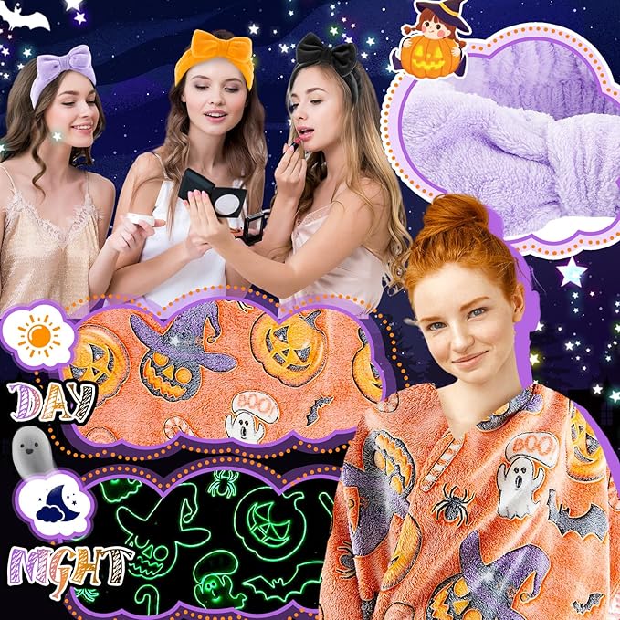 18 Pcs Sleepover Party Supplies, 6 Glow in The Dark Unicorn Blanket 6 Coral Fleece Headband 6 Plush Eye Mask Covers for Sleeping Slumber Sleepover Spa Party Gift (Ghost)