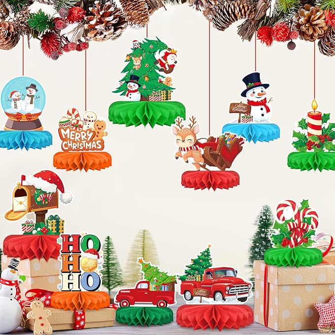 Christmas Party Decorations: Festive Christmas Honeycomb Centerpieces, Santa & Snowman Table Toppers - for Classroom, Winter Birthdays & Holiday Party Supplies