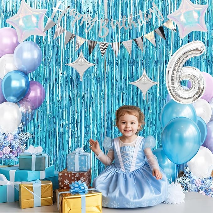 6th Snow Birthday Decorations for Girl, Blue Purple Balloons with Happy Birthday Banner Curtain Silver Number 6 Balloon Iridescent Star Foil Balloons for Girls Baby Shower Birthday Party Supplies