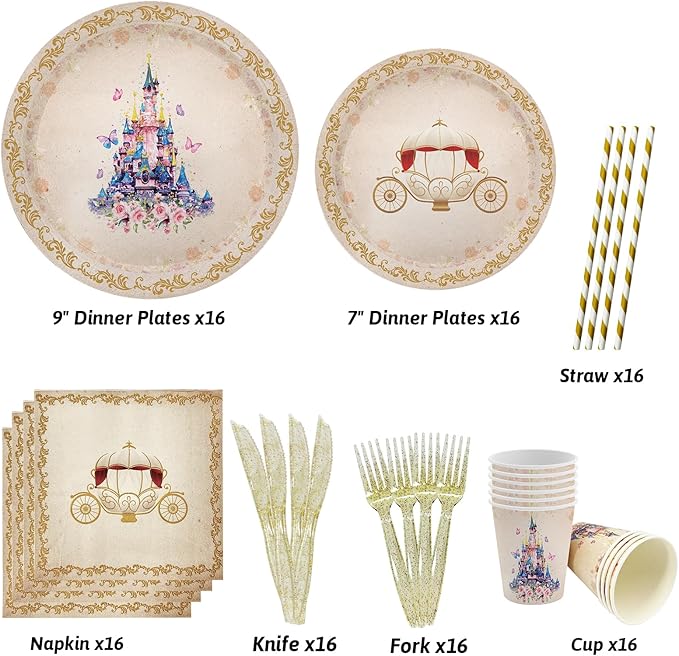 112 PCS Princess Party Plates Princess Birthday Decorations Once Upon a Time Castle Princess Party Tableware Set Purple Floral Napkins for Girl Baby Shower Party Decor Supplies Favors Serves 16