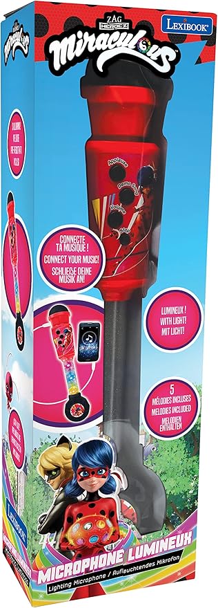 LEXiBOOK Miraculous, Lighting Microphone for Children, Musical Toy Game, Built-in Speaker, Light Effects, Aux-in Cable Plug, Red, MIC90MI