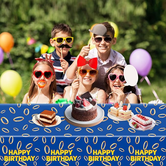 3 Pcs Blue with Gold Ring Print Plastic Tablecloth 108 x 51.2 Inches Table Cover Blue with Gold Ring Party Decor for Boys Girls Birthday Party Supplies