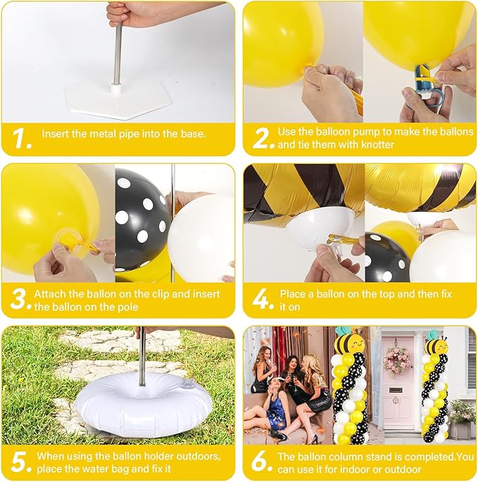 2 Sets Bee Birthday Party Balloon Column Stand Kit With 102 Bumble Bee Foil 5.57Ft Adjustable Balloon Tower Stand With Base Honey Bees Arch Column for Gender Reveal Birthday Baby Shower Party Supplies