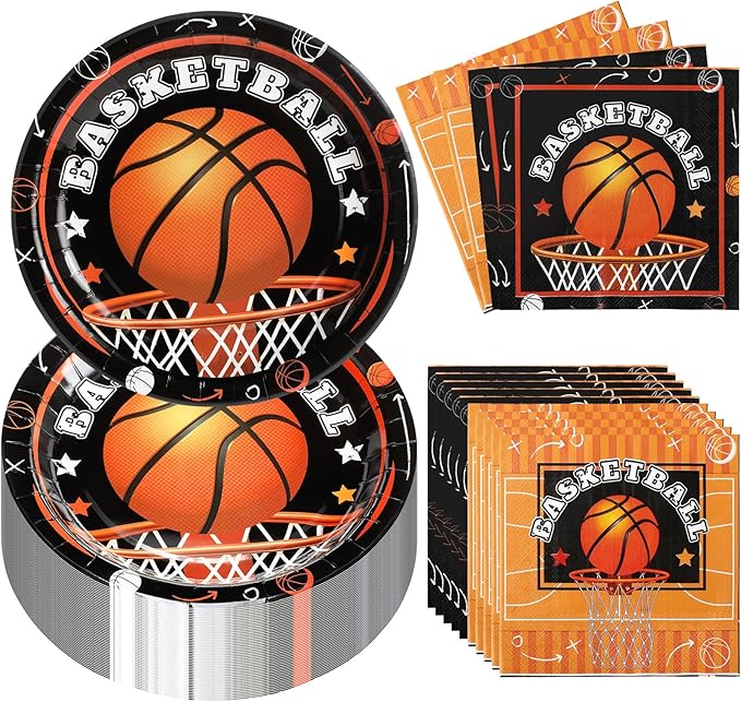 Umigy 100 Pcs Basketball Plates and Napkins Party Supplies Basketball Tableware Dinner Lunch Dessert Appetizer for Kids Boys Baby Shower Birthday Sport Party Decor Serves 50(Novel Style)
