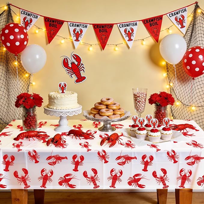 4 Pack Crawfish Tablecloths Plastic Red Lobster Crawfish Boil Table Cover for Birthday Party Decorations Seafood Festivals Potluck Barbecue Supplies, 87 x 51 inches