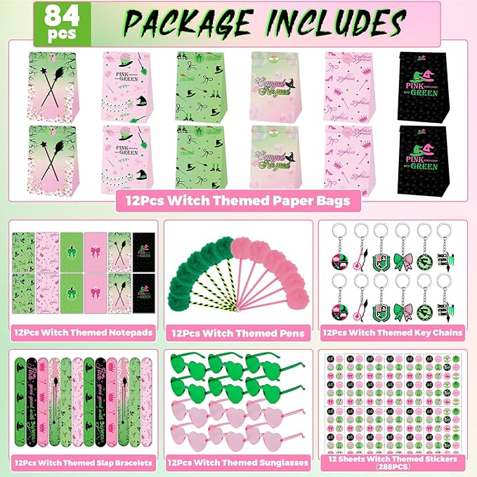 84pcs Pink and Green Witch Party Favors Birthday Decorations Pens Notepads Sunglasses Paper Gift Bag Key Chains Slap Bracelet Sticker Halloween Themed Party Supplies for Kids Student Gift School Party