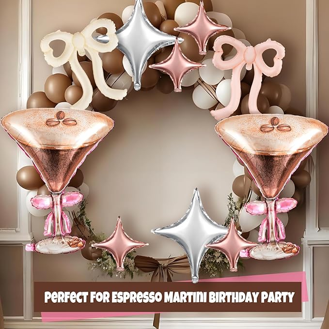Civaner 12 Pcs Espresso Martini Balloon with 2 Realistic Giant 32 x 26 Inches Martini 4 Pink Bow and 6 Star a Tini Bit Older Birthday Party Decor for Bachelorette Bridal Shower Wedding Party Supplies
